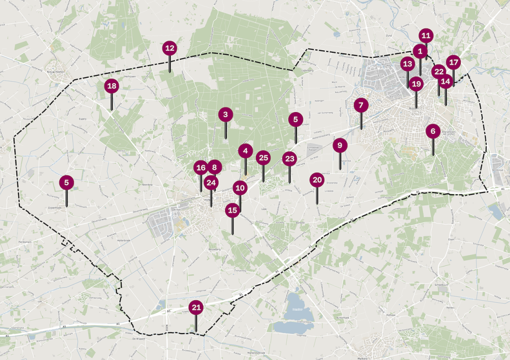 Plattegrond van Rijssen-Holten. Op de plattegrond staan alle locaties waar een vlag verstopt was. 